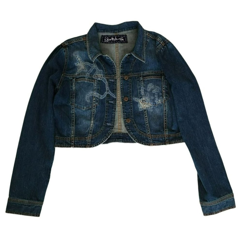 Switch USA Women's Blue Denim Butterfly Design Cropped Jean Jacket Size XL - Picture 2 of 10